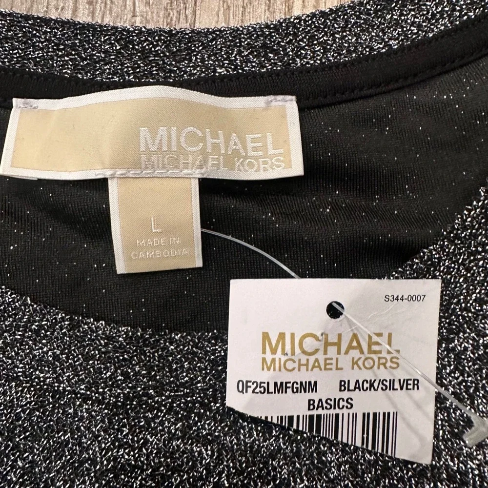 NWT Michael Kors Black Silver Sparkle Cold Shoulder LS‎ Top Blouse SizE L